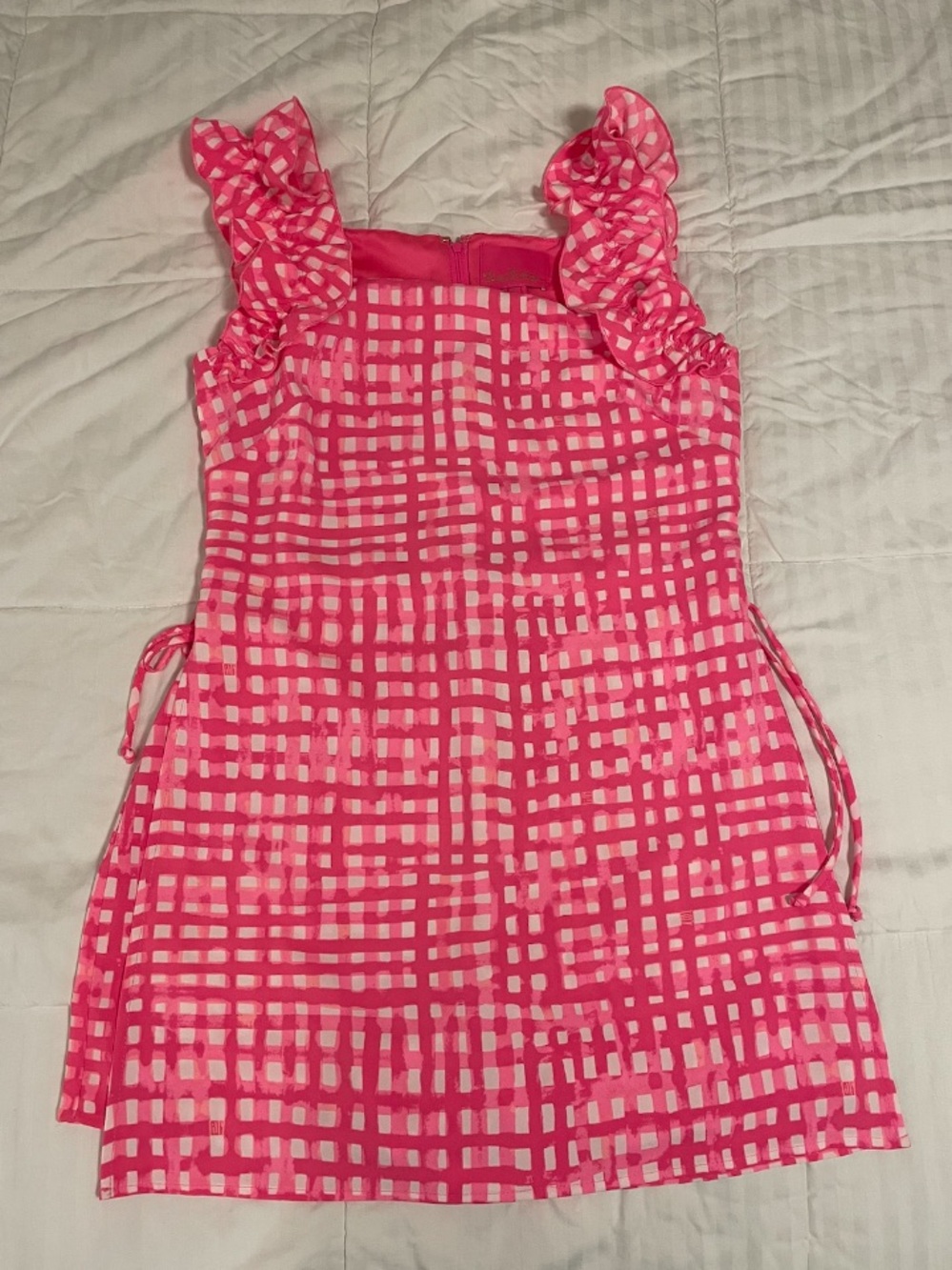 Lilly Pulitzer Everleigh Skirted Romper Size 4 Pink White Gingham Ruffle Strap